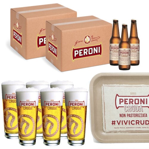 48 Birra Peroni Cruda + 6 bicchieri e 1 vassoio