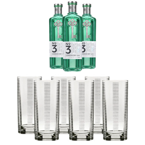 3 bt di Gin No. 3 cl 70 + 6 Bicchieri No. 3