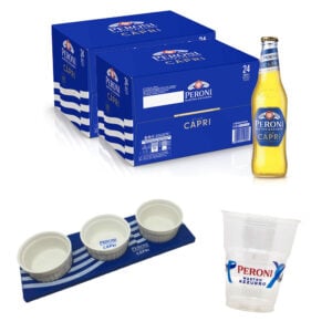 48 Birra Peroni Nastro Azzurro Capri + Vassoio con ciotole + Bicchieri in plastica