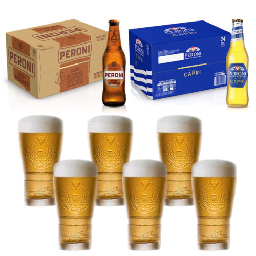 48 bt di Birra cl 33 (24 Peroni Nastro Azzurro Capri + 24 Peroni Non Filtrata) + Bicchieri Pinta Peroni cl 40