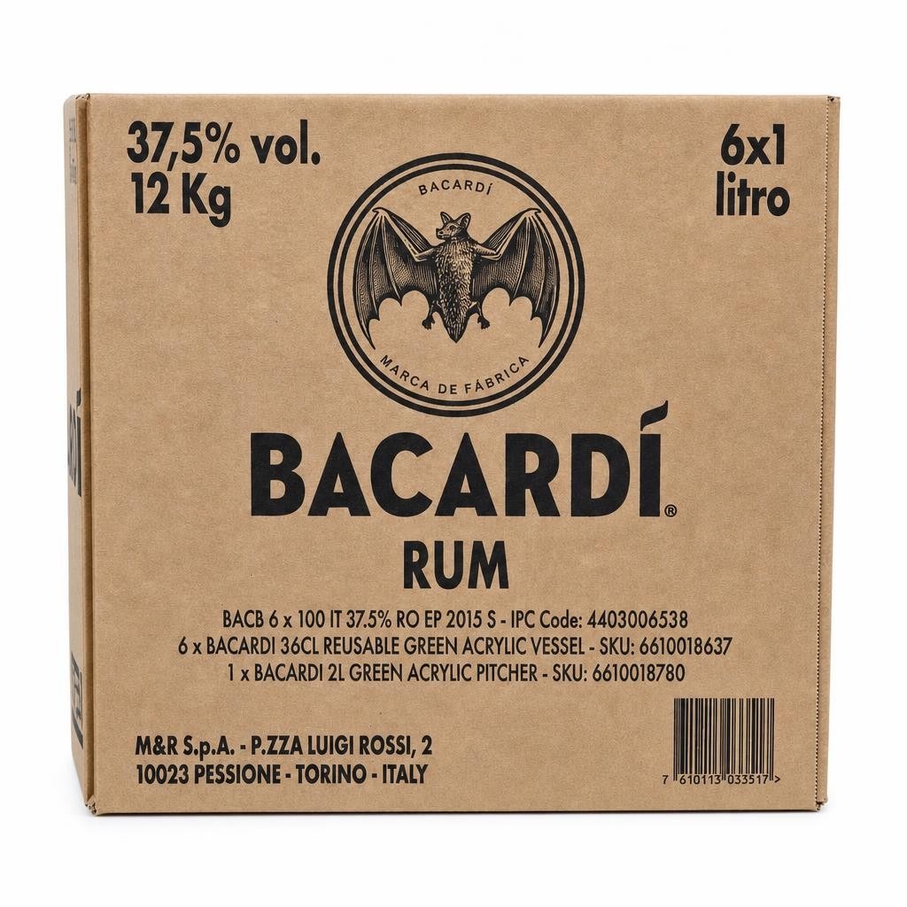 Fardo x 6 Rum Bacardi carta bianca lt 1 6 Bicchieri + 1 caraffa lt 2 acrilici