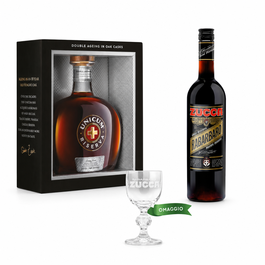 "Eleganza e Tradizione: Pacchetto di Liquori Zucca e Amaro Unicum con Bicchieri in Omaggio"