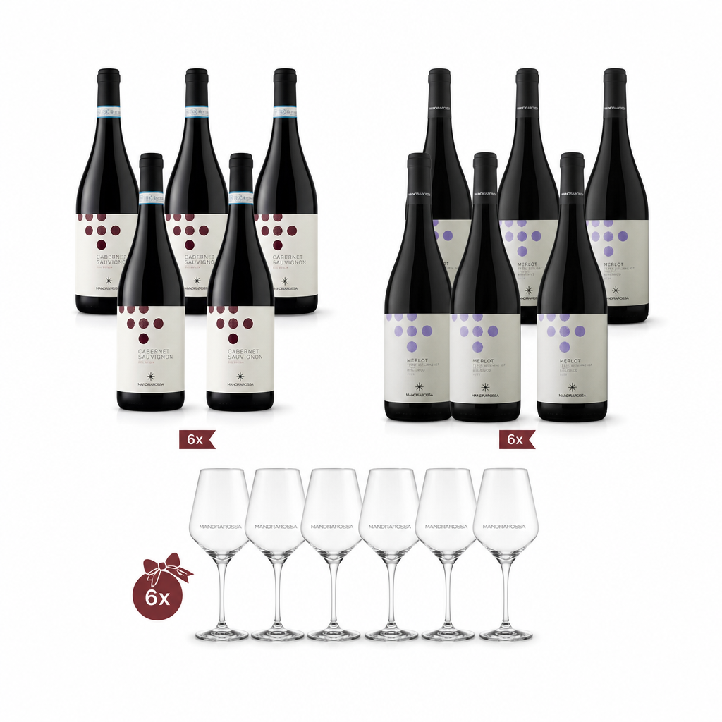 Mandrarossa Bundle Vini Cabernet S. Doc e Merlot Biologico Igt 2024 con 6 Calici Omaggio