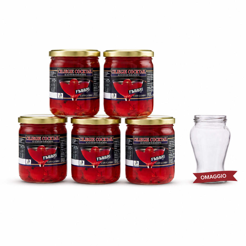 Fabbri Bundle Ciliegie Per Cocktails 5x470g Gusto Maraschino Con Vasetti Di Vetro Omaggio