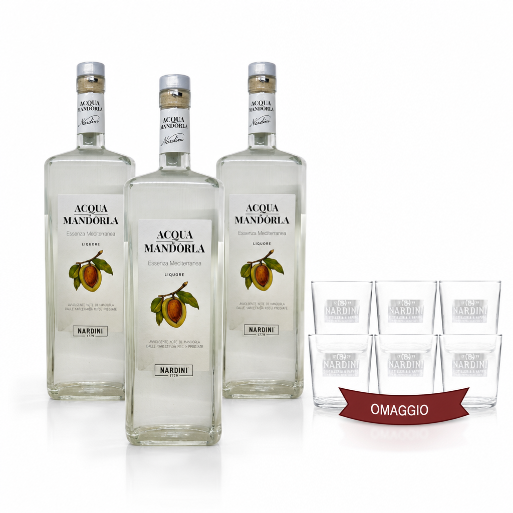Nardini Bundle Liquori Acqua Di Mandorla 3x1 Lt Con 6 Bicchieri Omaggio
