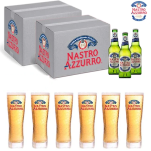 30 bt Birra Nastro Azzurro + 12 Bicchieri OMAGGIO